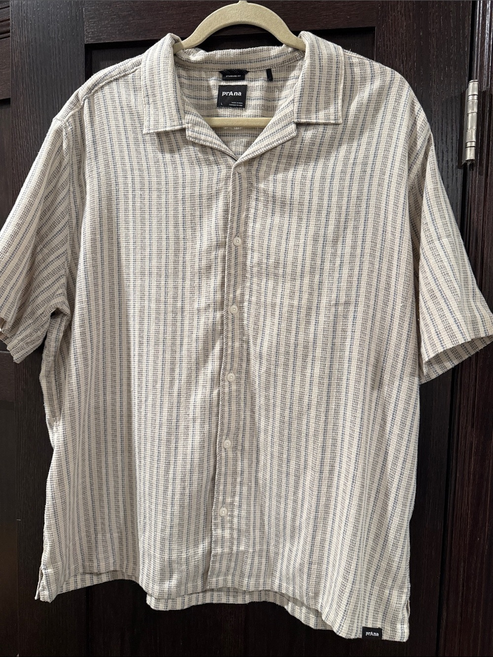 Prana Men's Short-Sleeve Button-Down Shirt in Cream and Light Gray Stripe